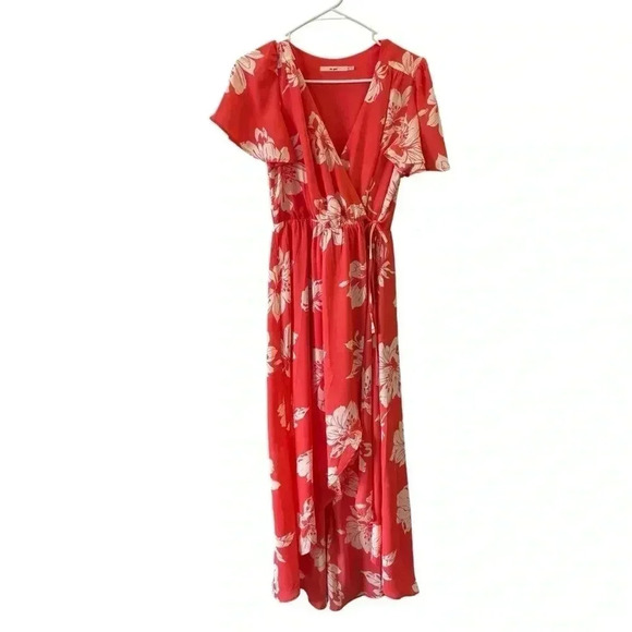 Mi Ami Coral Floral Wrap Dress Women Size Medium Francesca's - Picture 2 of 10